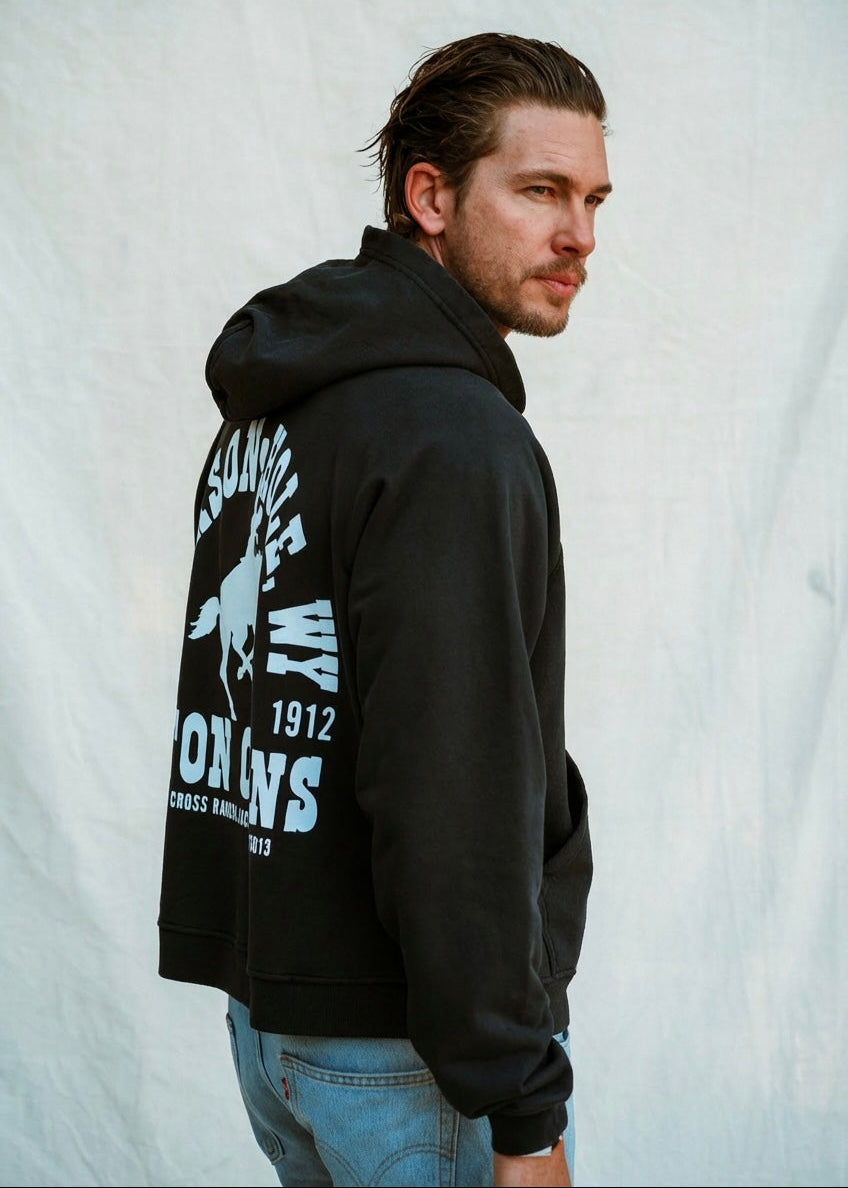 Sun Faded Black | Man wearing a black hoodie with text and graphics on the back against a plain background