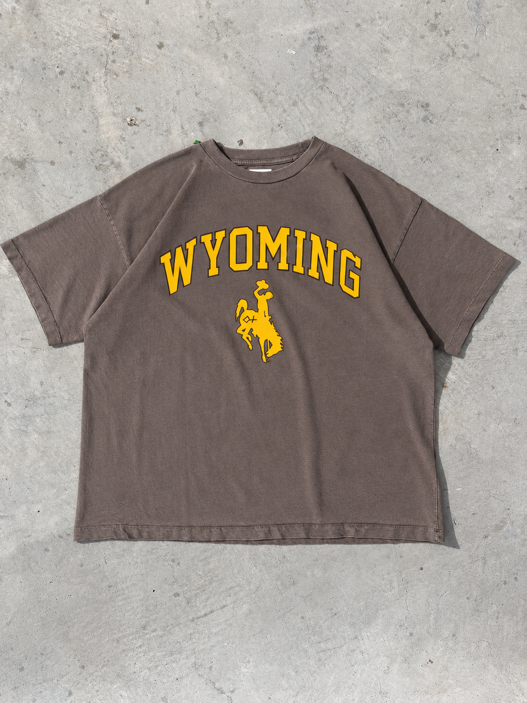 Vintage Brown | Brown t-shirt with 'Wyoming' and logo on a concrete floor